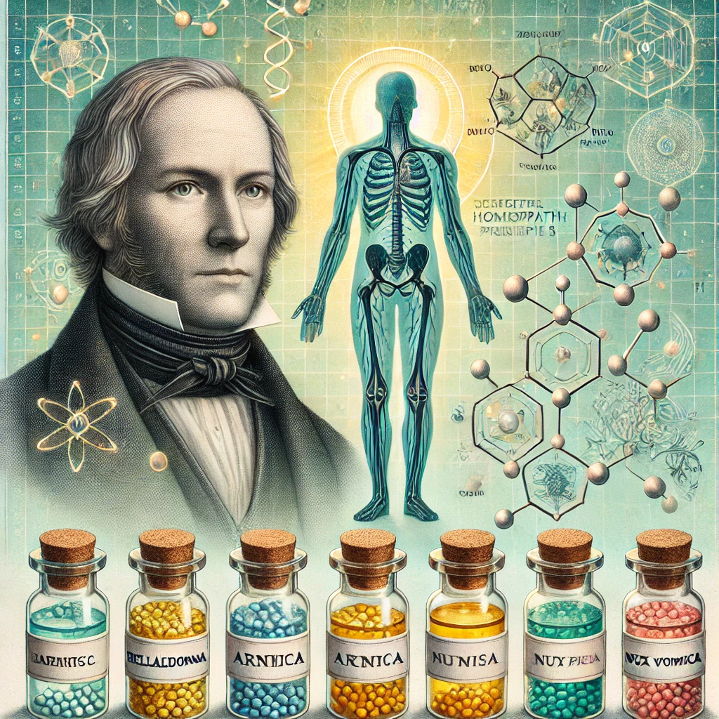 Ilustración del concepto de homeopatía con Samuel Hahnemann y frascos de remedios alternativos.