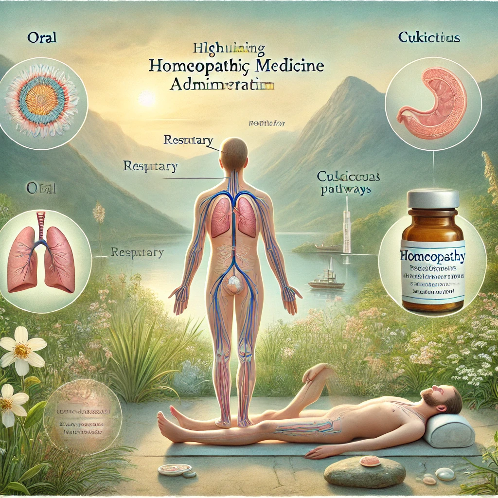 Ilustración de las diferentes vías de administración de medicamentos homeopáticos en el cuerpo humano.