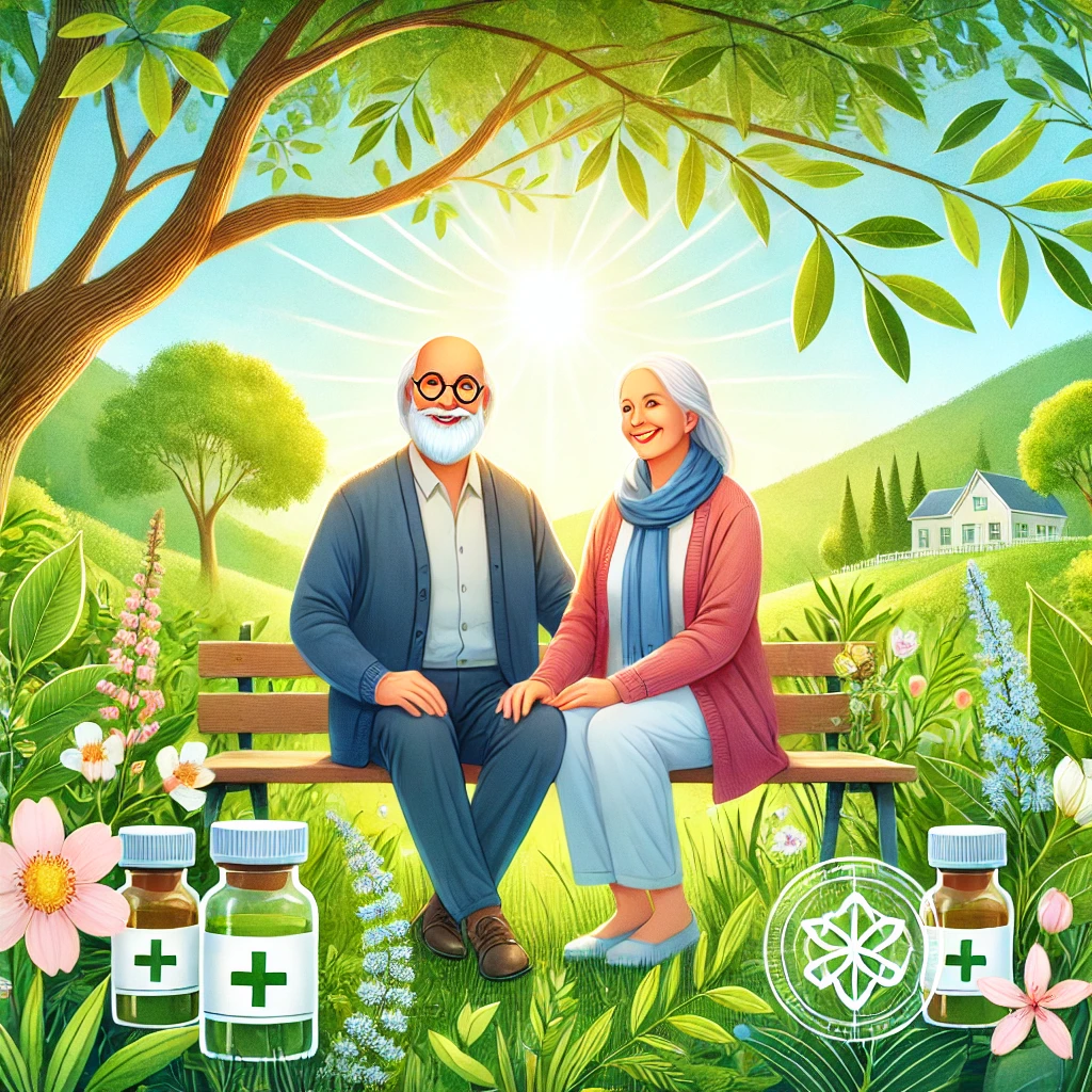 Ilustración que muestra un envejecimiento saludable con homeopatía, representando a una pareja de ancianos sonrientes en un entorno natural y armónico.